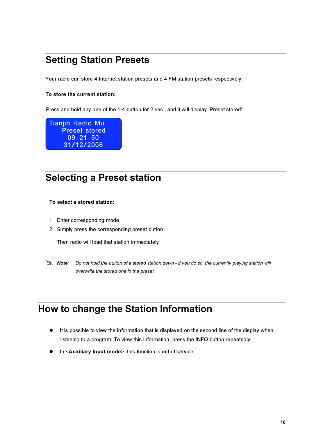 Cobra Electronics CIR 1000 A Setting Station Presets, Selecting a Preset station, How to change the Station Information 