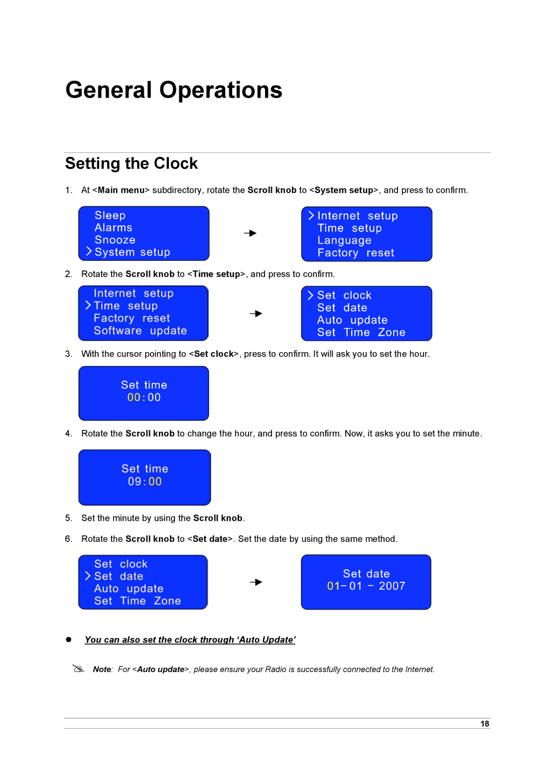 Cobra Electronics CIR 1000 A, CIR 1000 E manual General Operations, Setting the Clock 