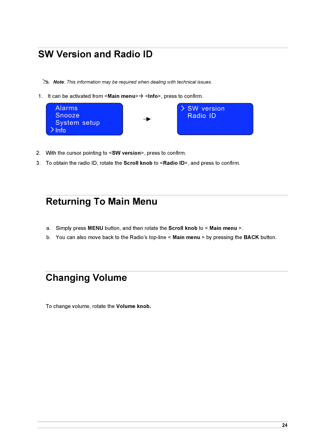 Cobra Electronics CIR 1000 A, CIR 1000 E manual SW Version and Radio ID, Returning To Main Menu, Changing Volume 