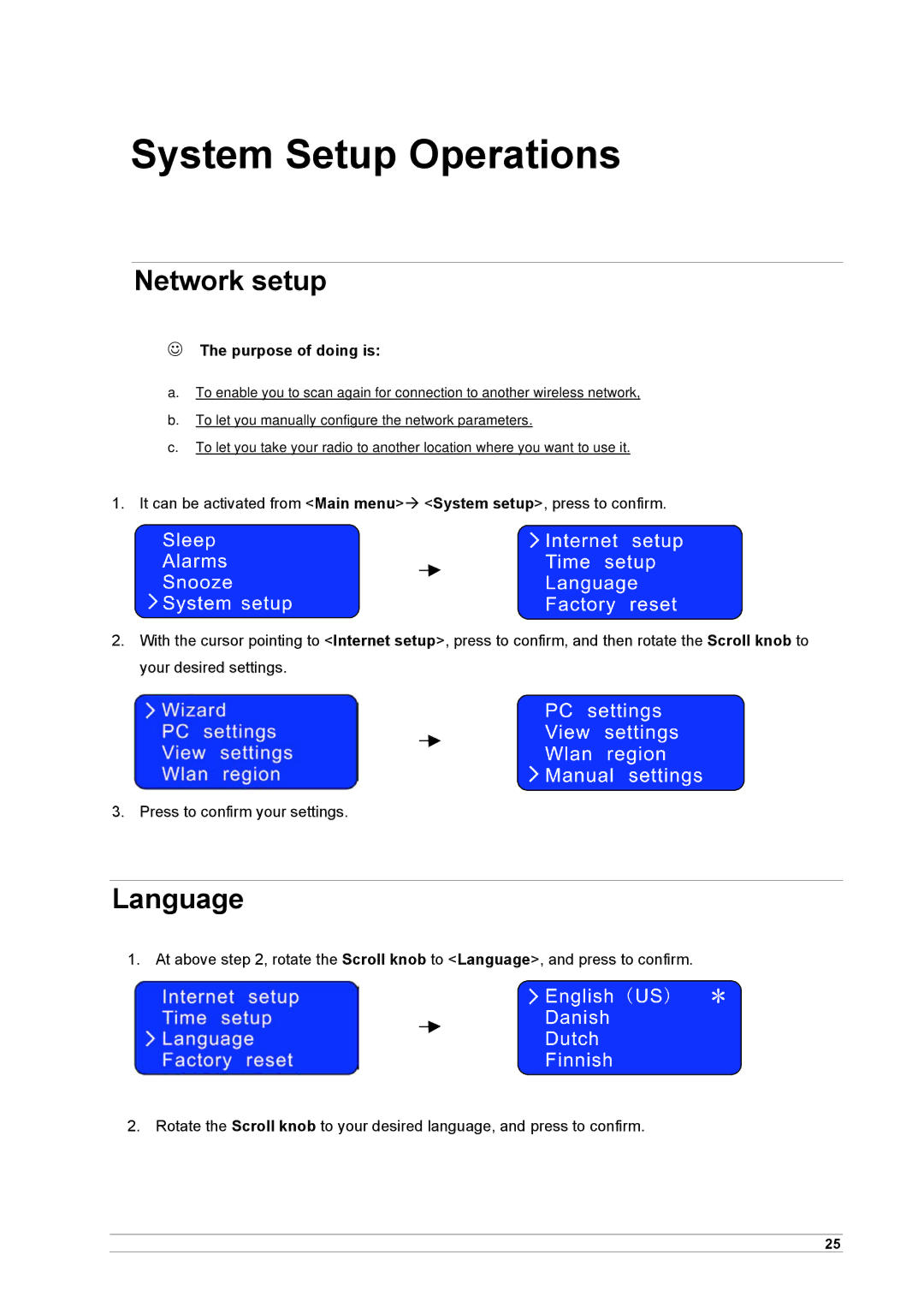 Cobra Electronics CIR 1000 E, CIR 1000 A manual System Setup Operations, Network setup, Language,  The purpose of doing is 