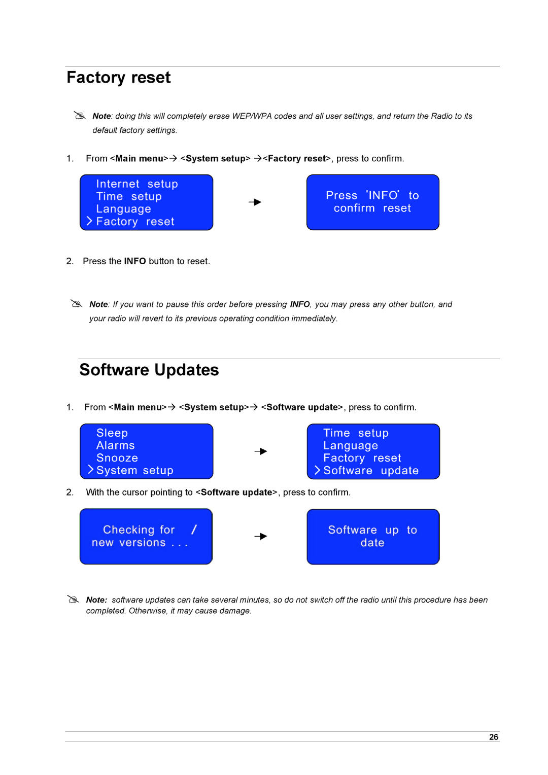 Cobra Electronics CIR 1000 A, CIR 1000 E manual Factory reset, Software Updates 