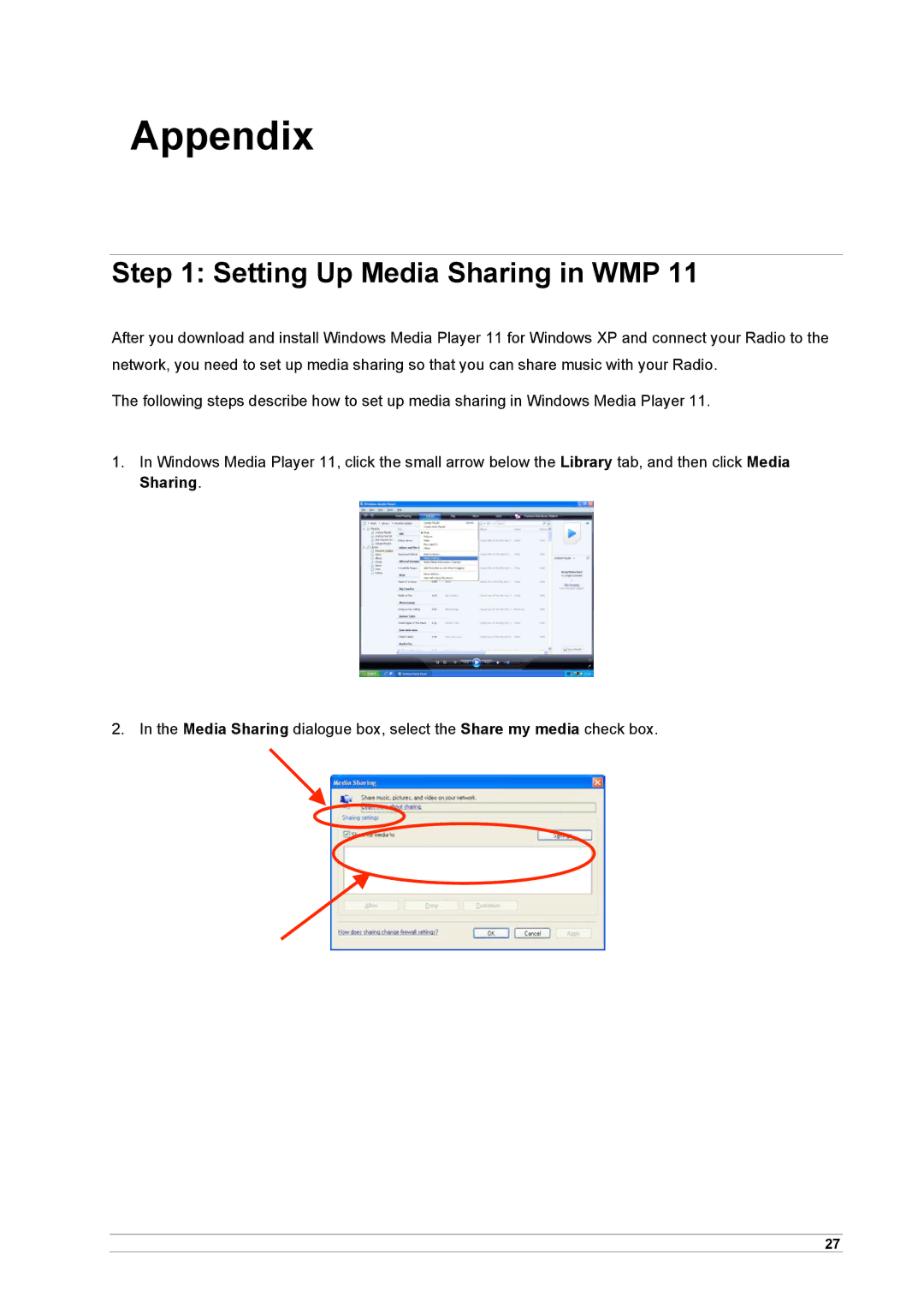 Cobra Electronics CIR 1000 E, CIR 1000 A manual Appendix, Setting Up Media Sharing in WMP 