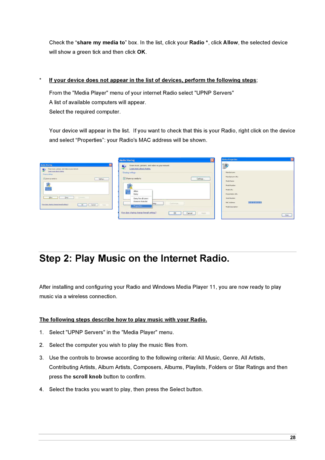 Cobra Electronics CIR 1000 A Play Music on the Internet Radio, Following steps describe how to play music with your Radio 