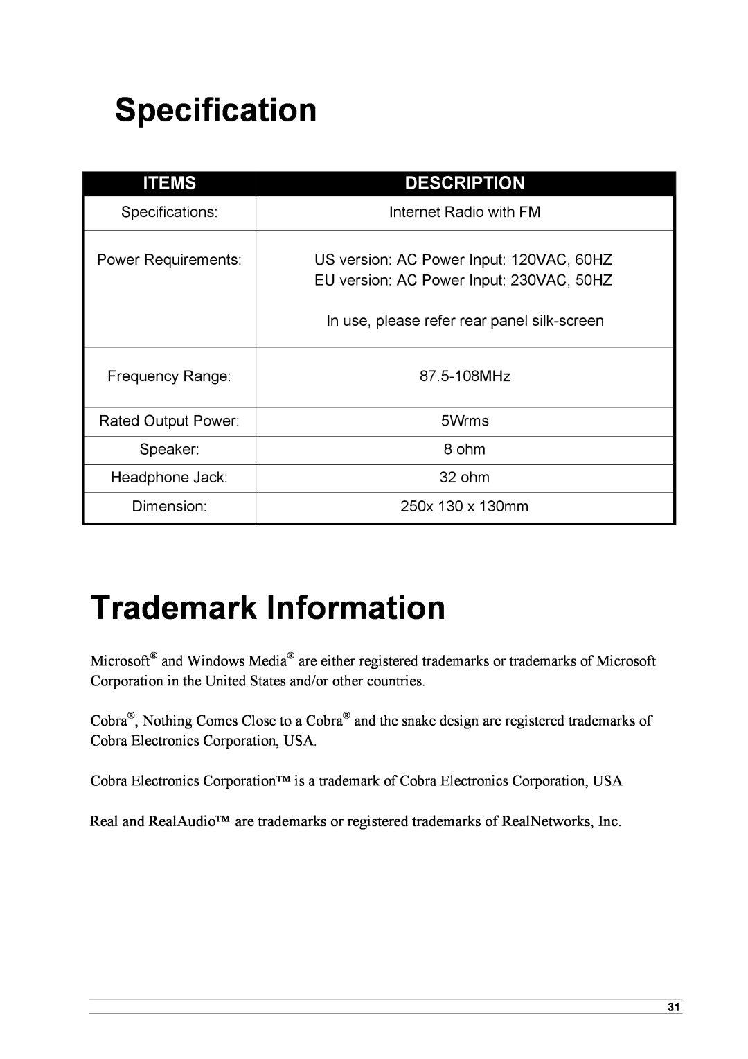 Cobra Electronics CIR 1000 E, CIR 1000 A manual Specification, Trademark Information, Items, Description 