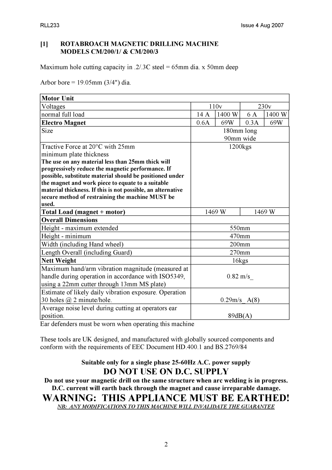 Cobra Electronics CM/200/1, CM/200/3 manual Do not USE on D.C. Supply 