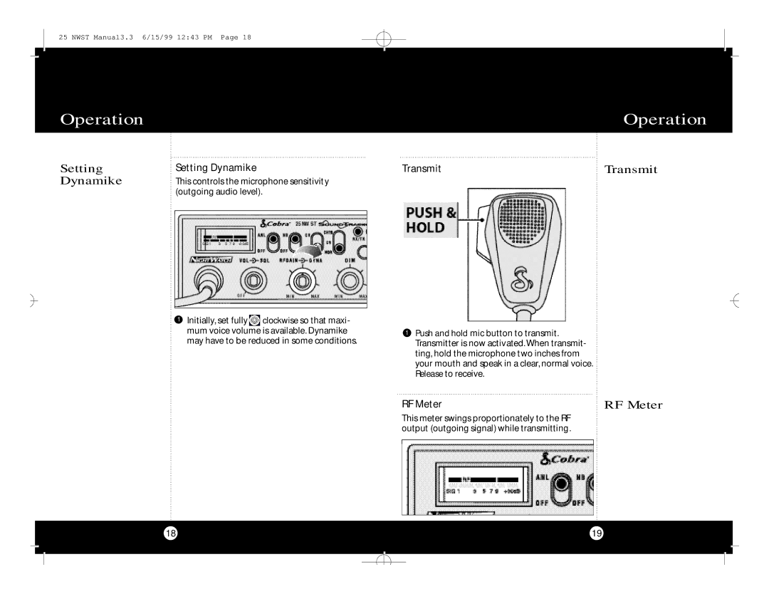 Cobra Electronics Cobra 25 NW ST specifications Setting Dynamike, Transmit, RF Meter 