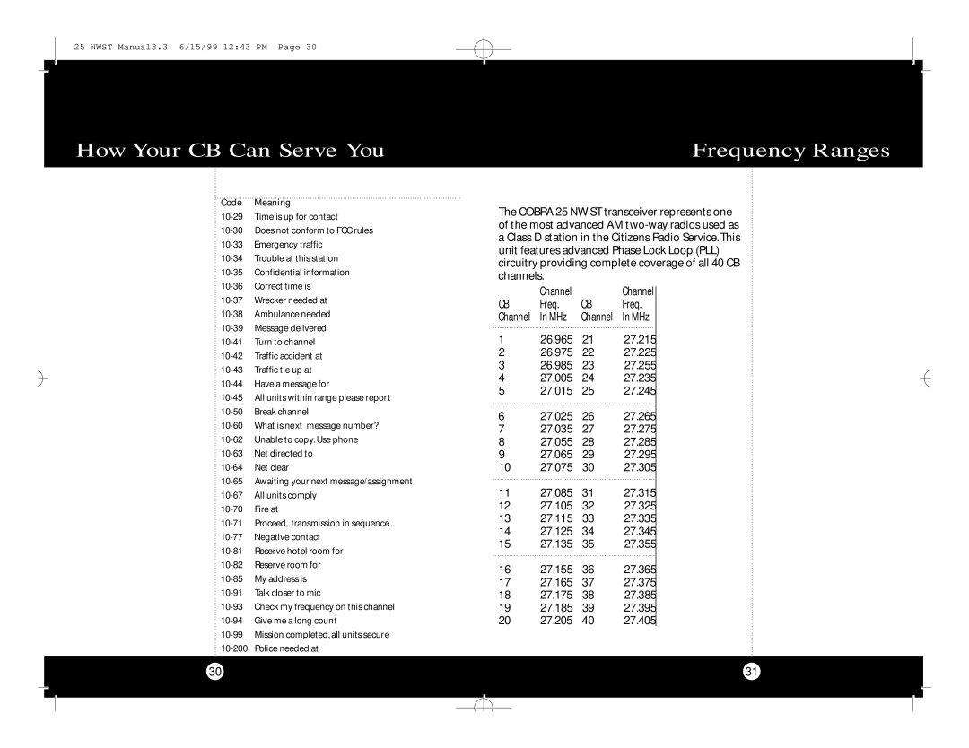 Cobra Electronics Cobra 25 NW ST specifications Frequency Ranges 