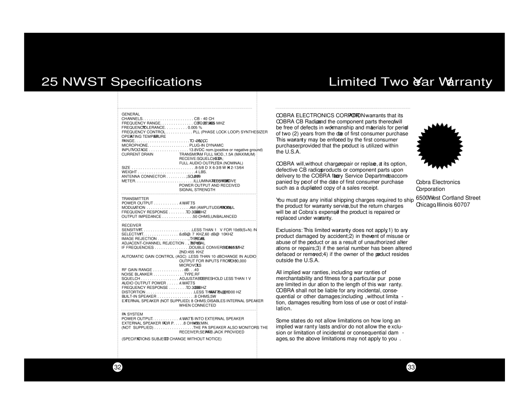 Cobra Electronics Cobra 25 NW ST NW ST Specifications Limited Two Year Warranty, Cobra Electronics Corporation 