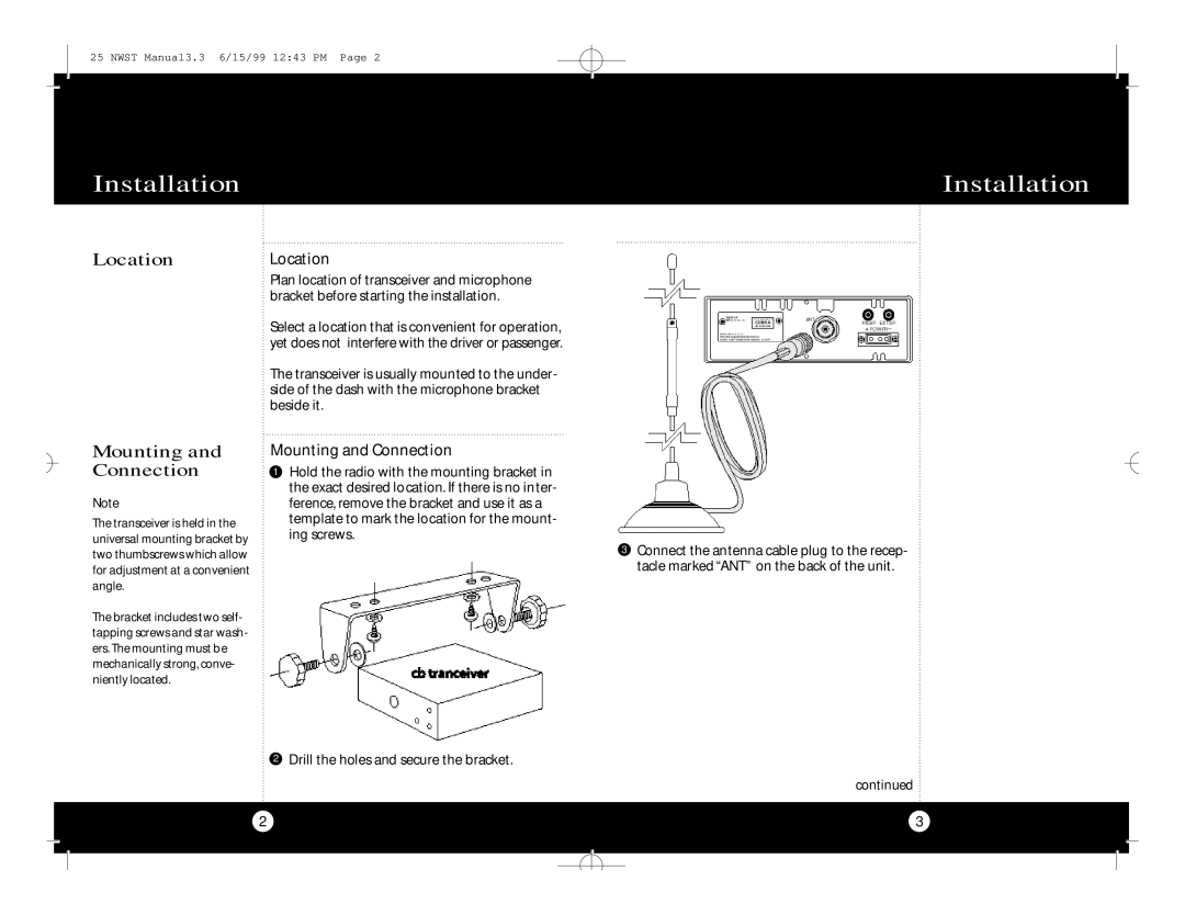 Cobra Electronics Cobra 25 NW ST specifications Installation, LocationLocation, Mounting and Connection 