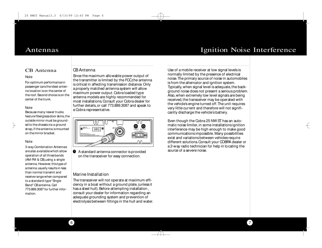 Cobra Electronics Cobra 25 NW ST specifications Antennas Ignition Noise Interference, CB Antenna, Marine Installation 