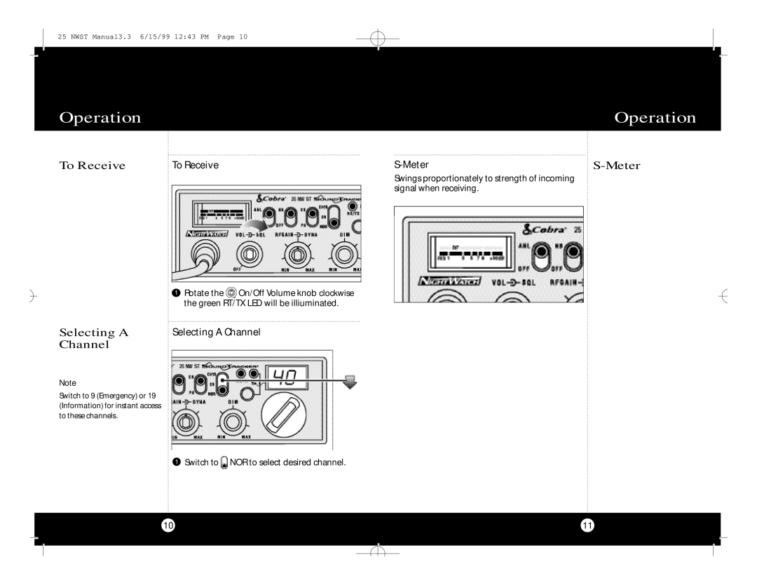 Cobra Electronics Cobra 25 NW ST specifications Selecting a, Channel, To Receive, Meter 