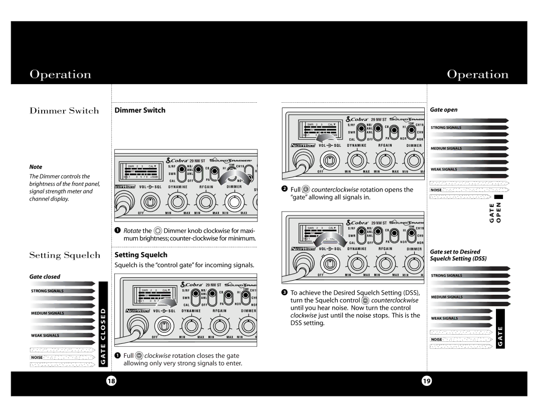 Cobra Electronics Cobra 29 NW ST specifications Dimmer Switch Dimmer Switch, Setting Squelch 