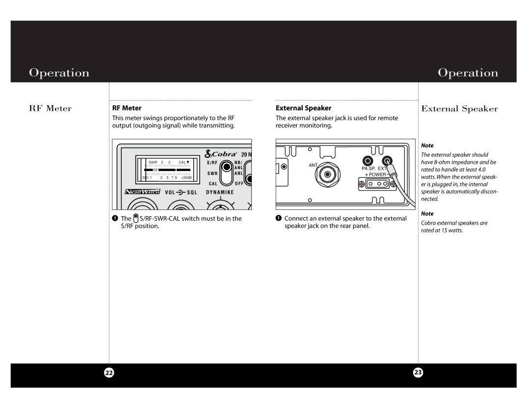 Cobra Electronics Cobra 29 NW ST specifications RF Meter, External Speaker 