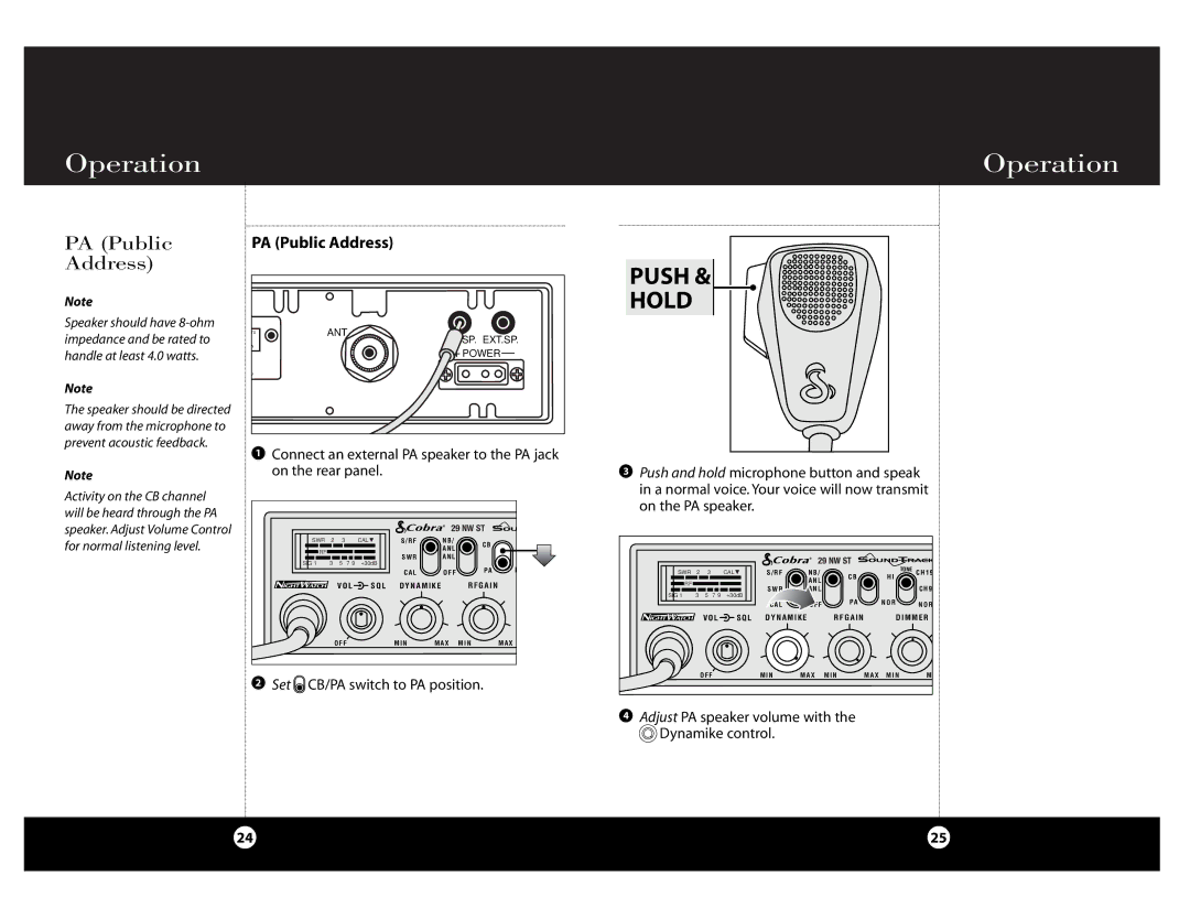 Cobra Electronics Cobra 29 NW ST specifications PA Public Address, Push and hold microphone button and speak 