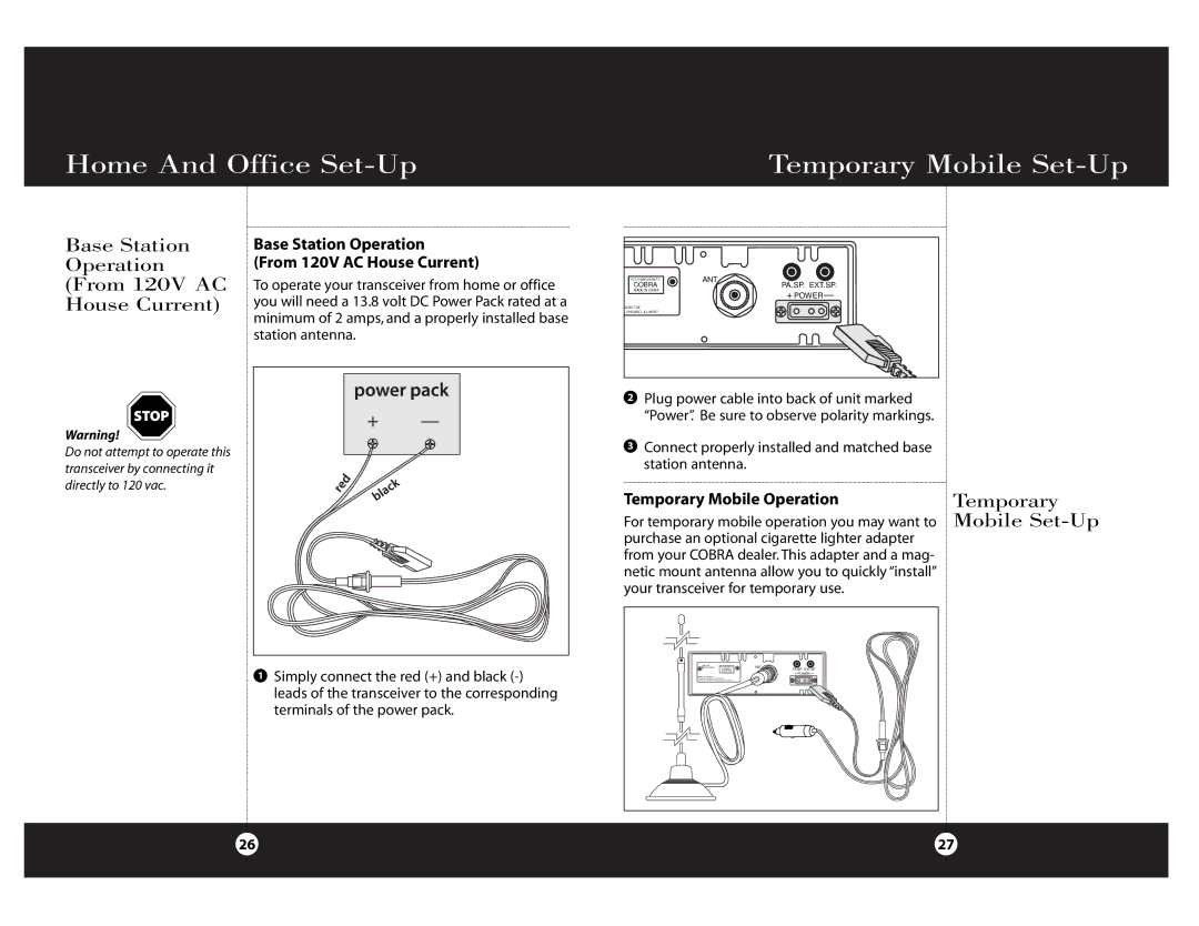 Cobra Electronics Cobra 29 NW ST specifications Home And Office Set-Up Temporary Mobile Set-Up, Temporary Mobile Operation 