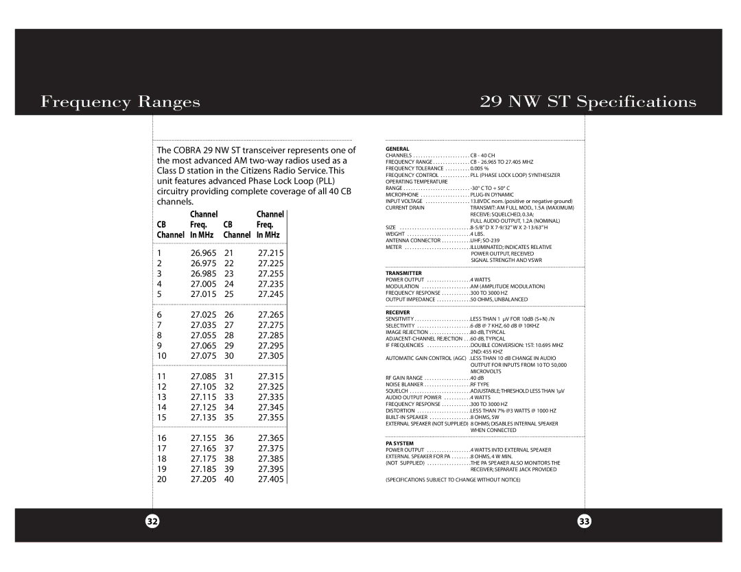 Cobra Electronics Cobra 29 NW ST specifications Frequency Ranges NW ST Specifications, 27.205 