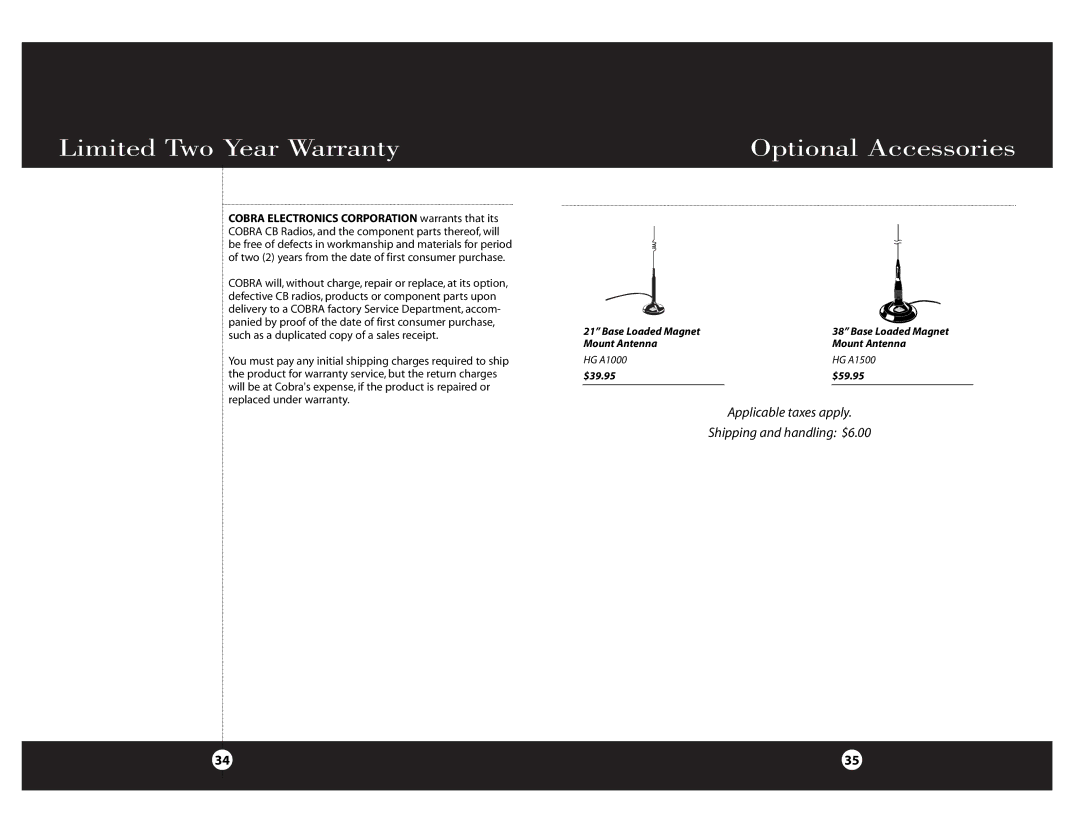Cobra Electronics Cobra 29 NW ST specifications Limited Two Year Warranty Optional Accessories 