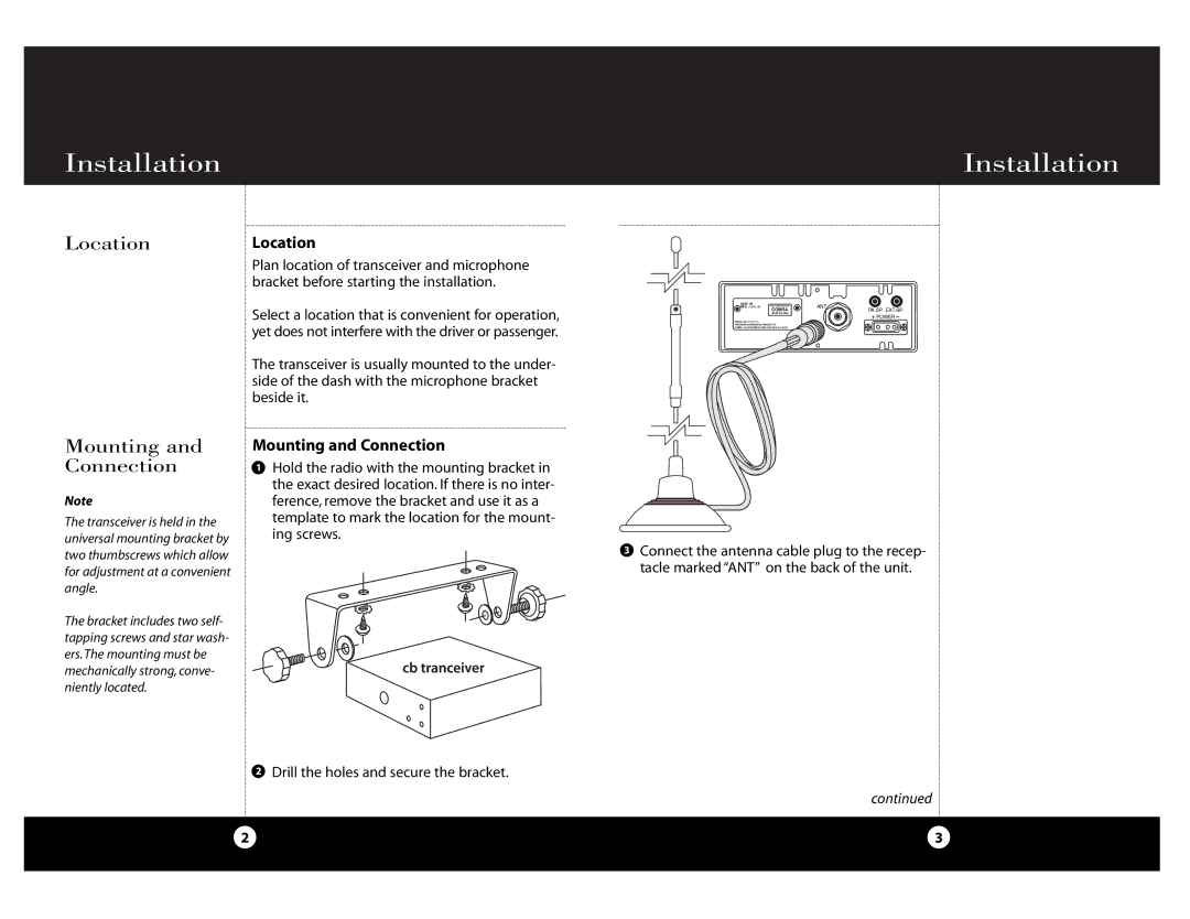 Cobra Electronics Cobra 29 NW ST specifications Installation, Location Location, Mounting and Connection 