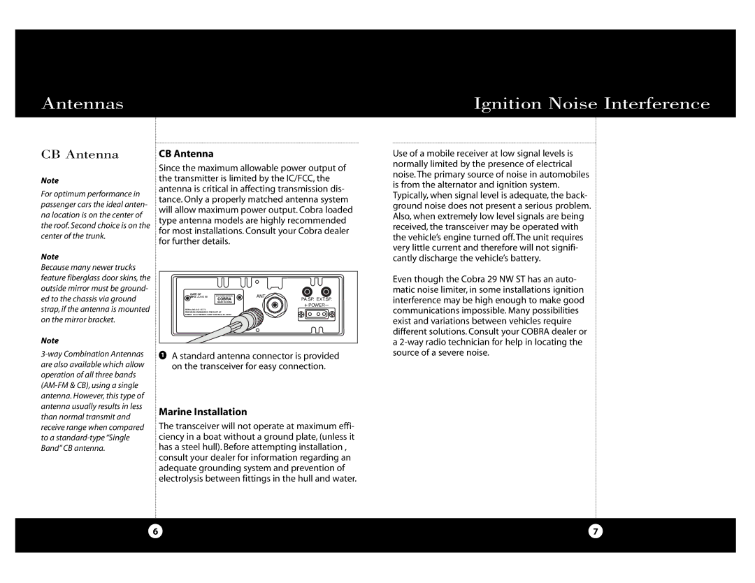 Cobra Electronics Cobra 29 NW ST specifications Antennas Ignition Noise Interference, CB Antenna, Marine Installation 