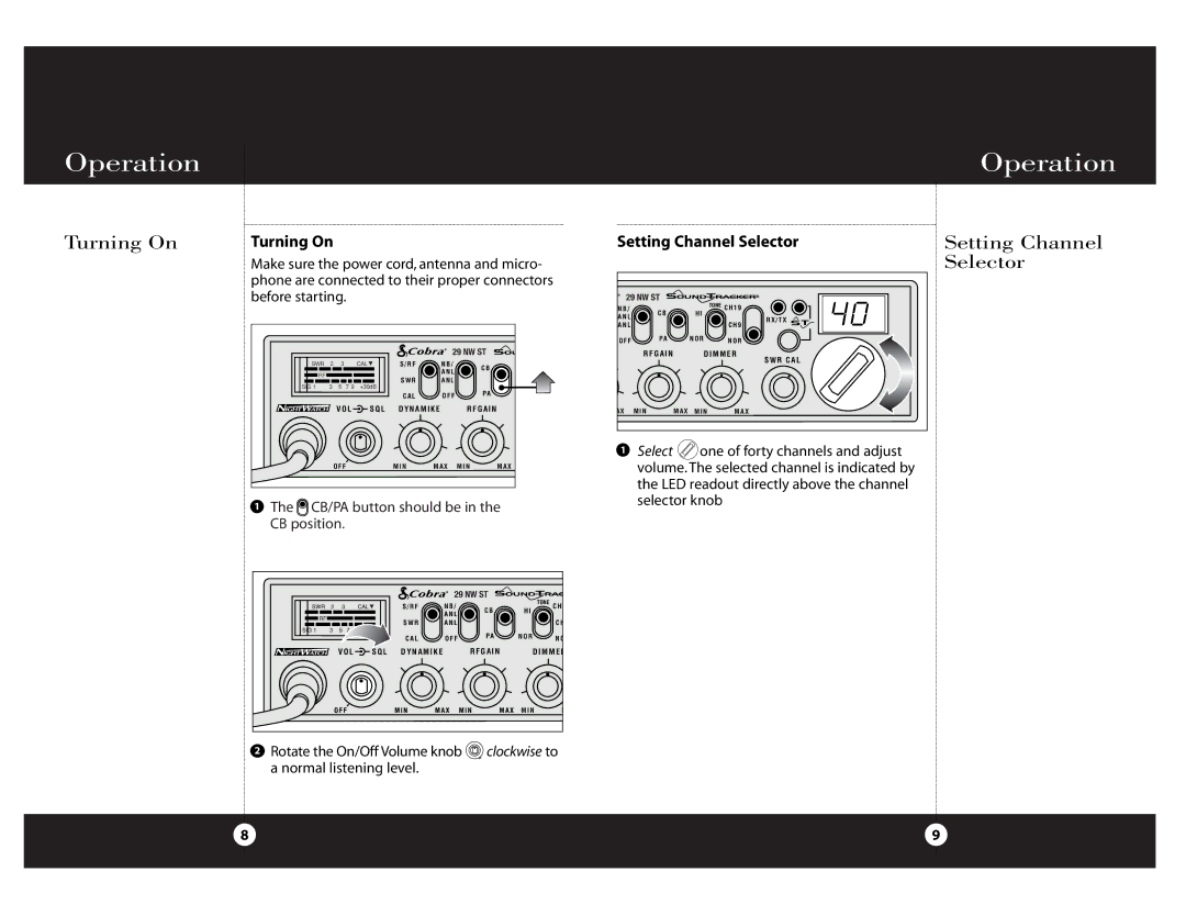 Cobra Electronics Cobra 29 NW ST specifications Operation, Turning On, Setting Channel Selector 