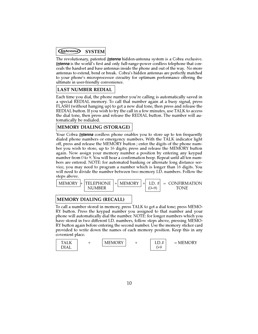 Cobra Electronics CP-2507 operating instructions System, Last Number Redial, Memory Dialing Storage, Memory Dialing Recall 