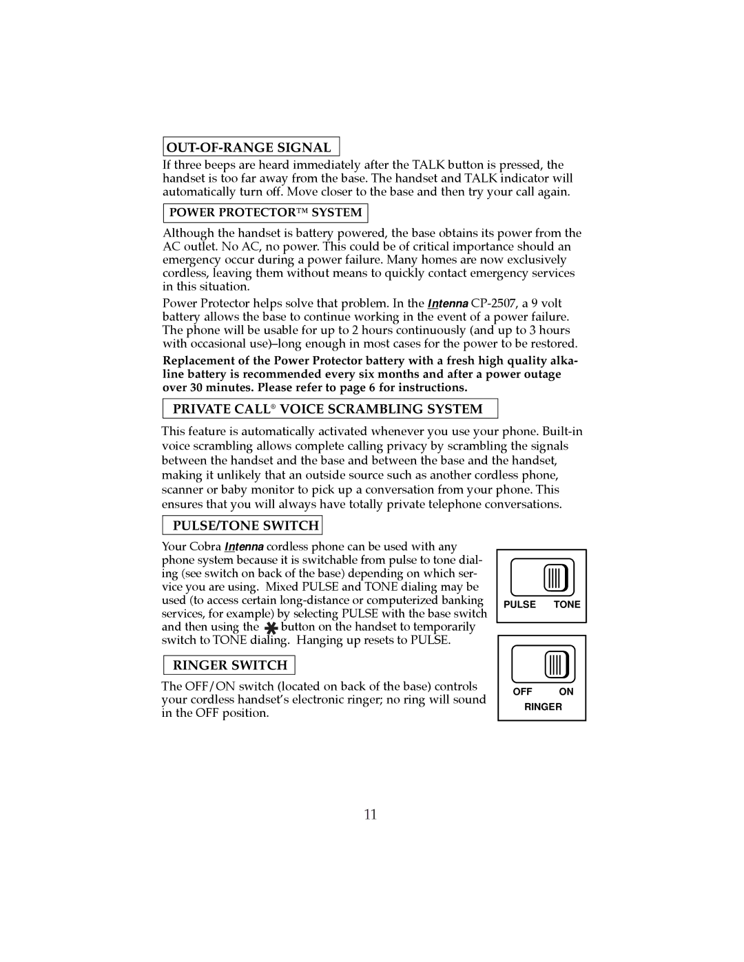 Cobra Electronics CP-2507 OUT-OF-RANGE Signal, Private Call Voice Scrambling System, PULSE/TONE Switch, Ringer Switch 