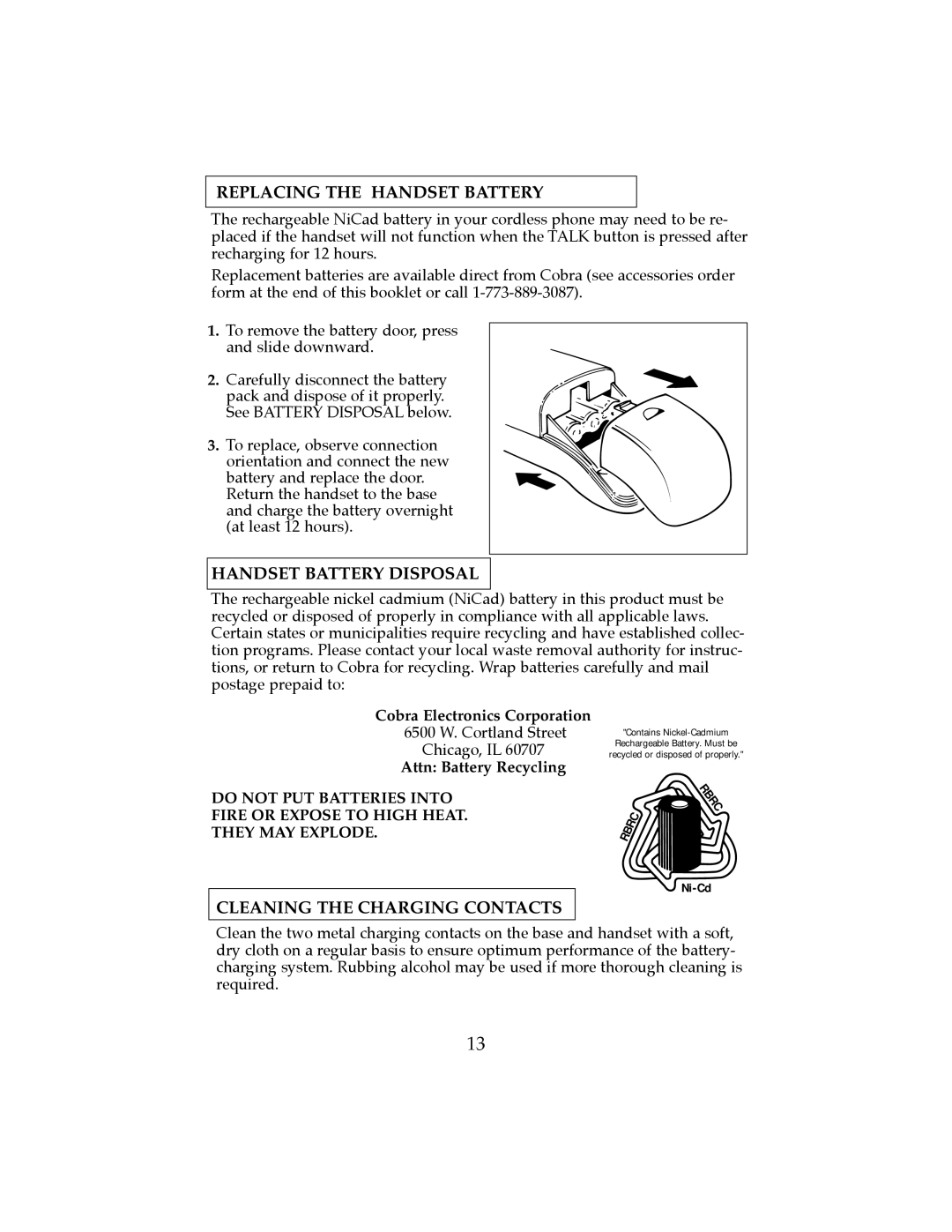 Cobra Electronics CP-2507 Replacing the Handset Battery, Handset Battery Disposal, Cleaning the Charging Contacts 