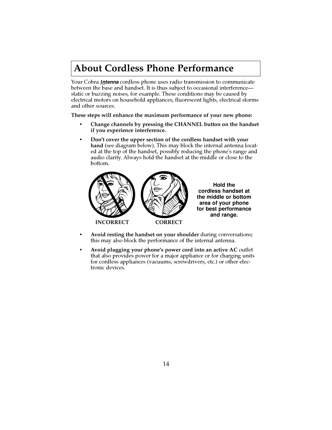 Cobra Electronics CP-2507 operating instructions About Cordless Phone Performance, Incorrect Correct 