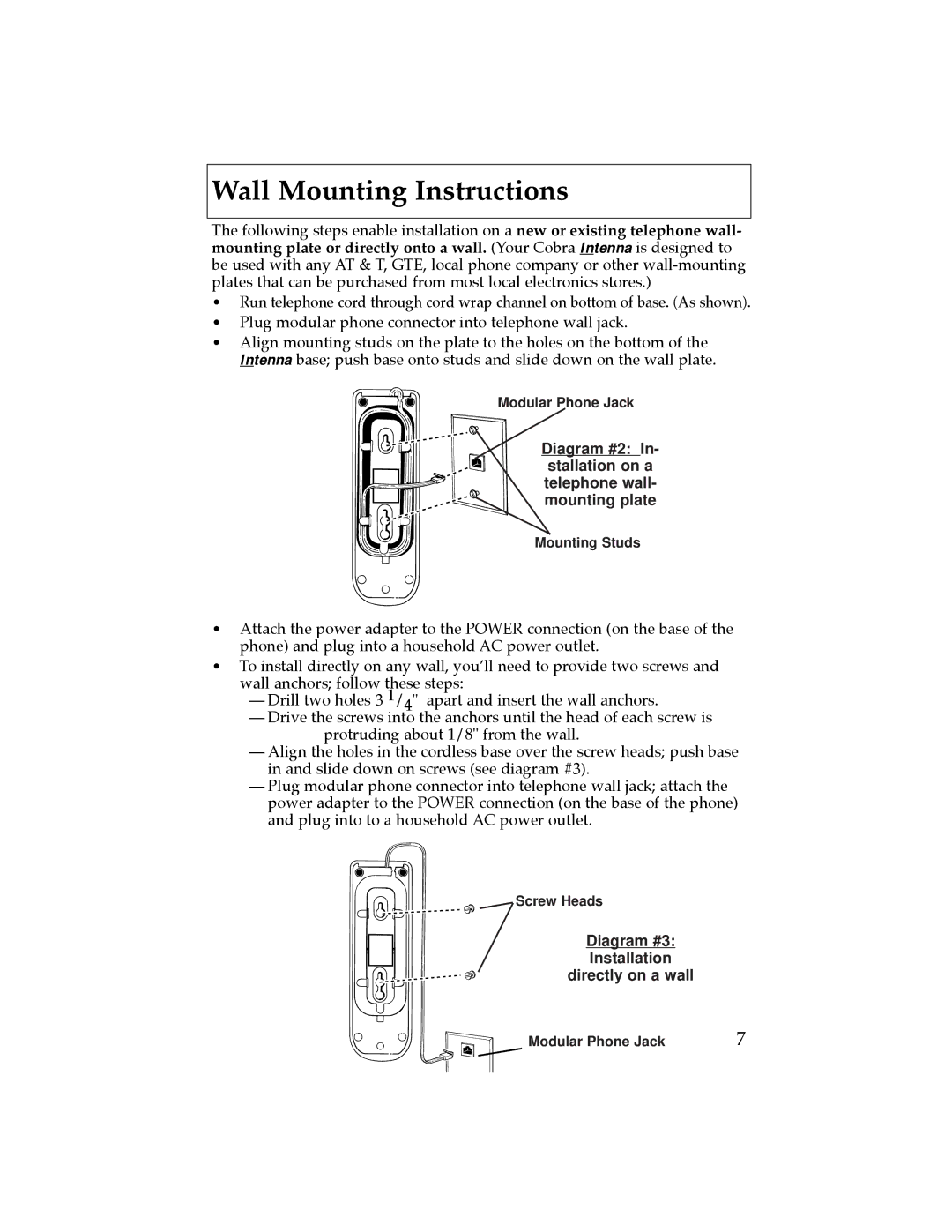 Cobra Electronics CP-2507 Wall Mounting Instructions, Diagram #2 Stallation on a telephone wall- mounting plate 