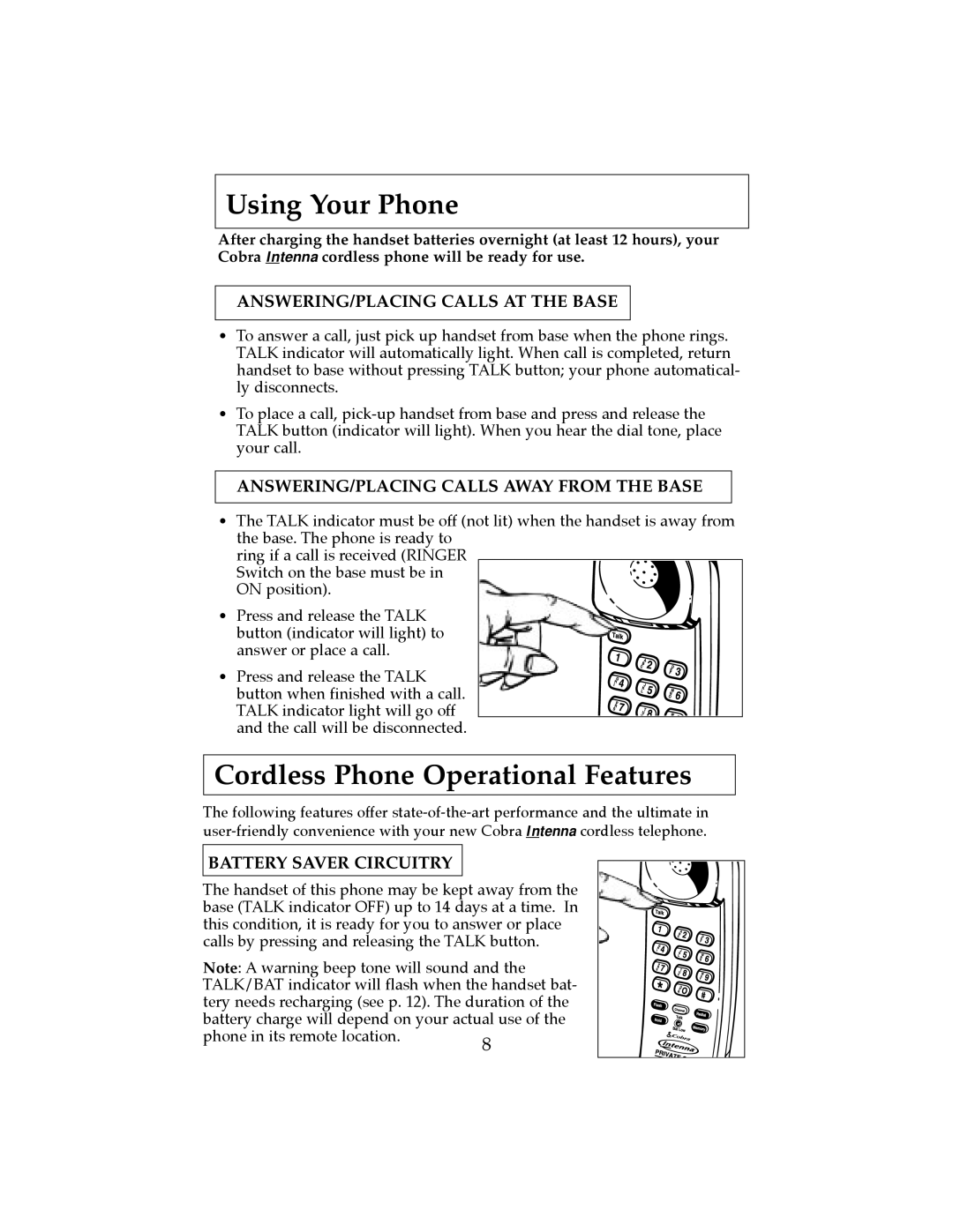 Cobra Electronics CP-2507 Using Your Phone, Cordless Phone Operational Features, ANSWERING/PLACING Calls AT the Base 