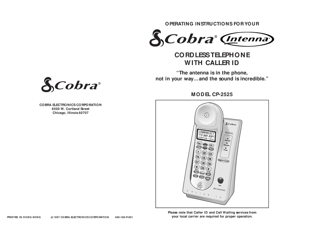 Cobra Electronics CP-2525 operating instructions Cordless Telephone With Caller ID 