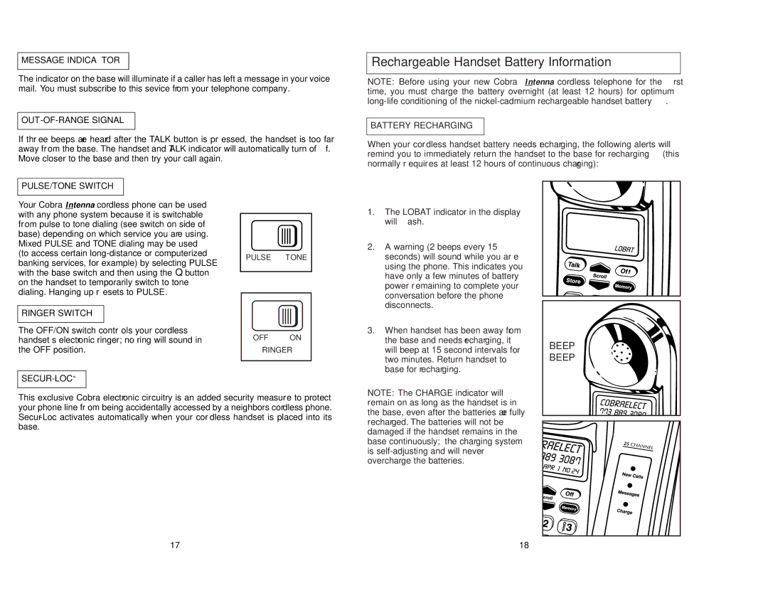 Cobra Electronics CP-2525 operating instructions Rechargeable Handset Battery Information 