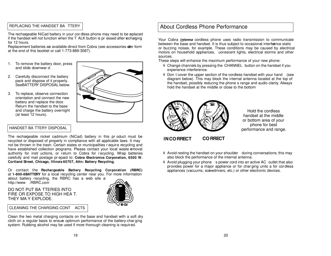 Cobra Electronics CP-2525 About Cordless Phone Performance, Replacing the Handset Battery, Handset Battery Disposal 