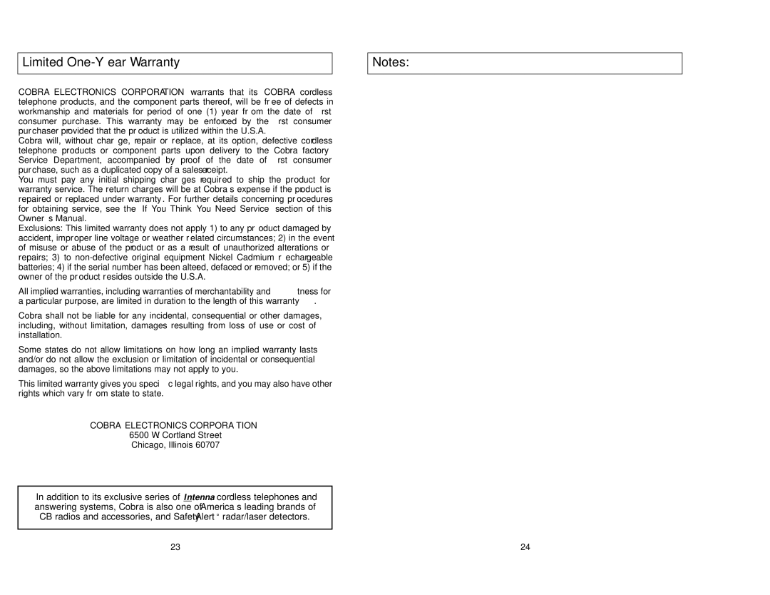Cobra Electronics CP-2525 operating instructions Limited One-Year Warranty, Cobra Electronics Corporation 