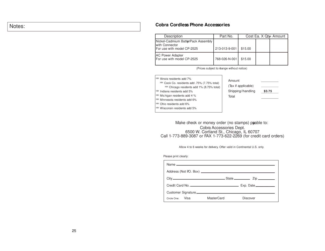 Cobra Electronics CP-2525 operating instructions Cobra Cordless Phone Accessories 