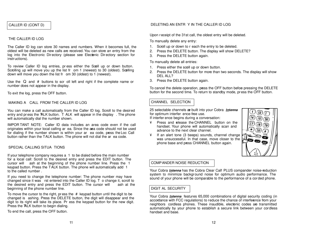 Cobra Electronics CP-2525 Caller ID CONT’D Caller ID LOG, Making a Call from the Caller ID LOG, Special Calling Situations 