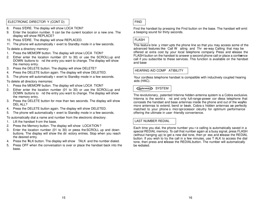 Cobra Electronics CP-2525 operating instructions Find, Flash, Hearing AID Compatibility, System, Last Number Redial 