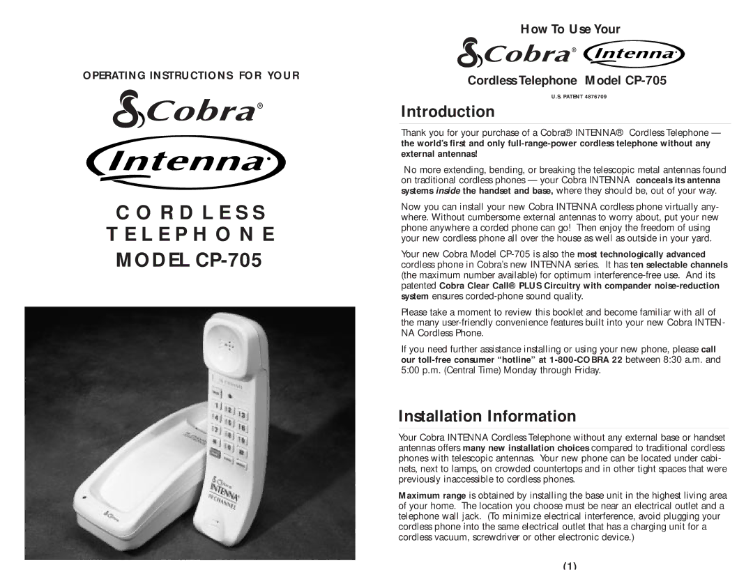 Cobra Electronics CP-705 operating instructions Introduction, Installation Information 