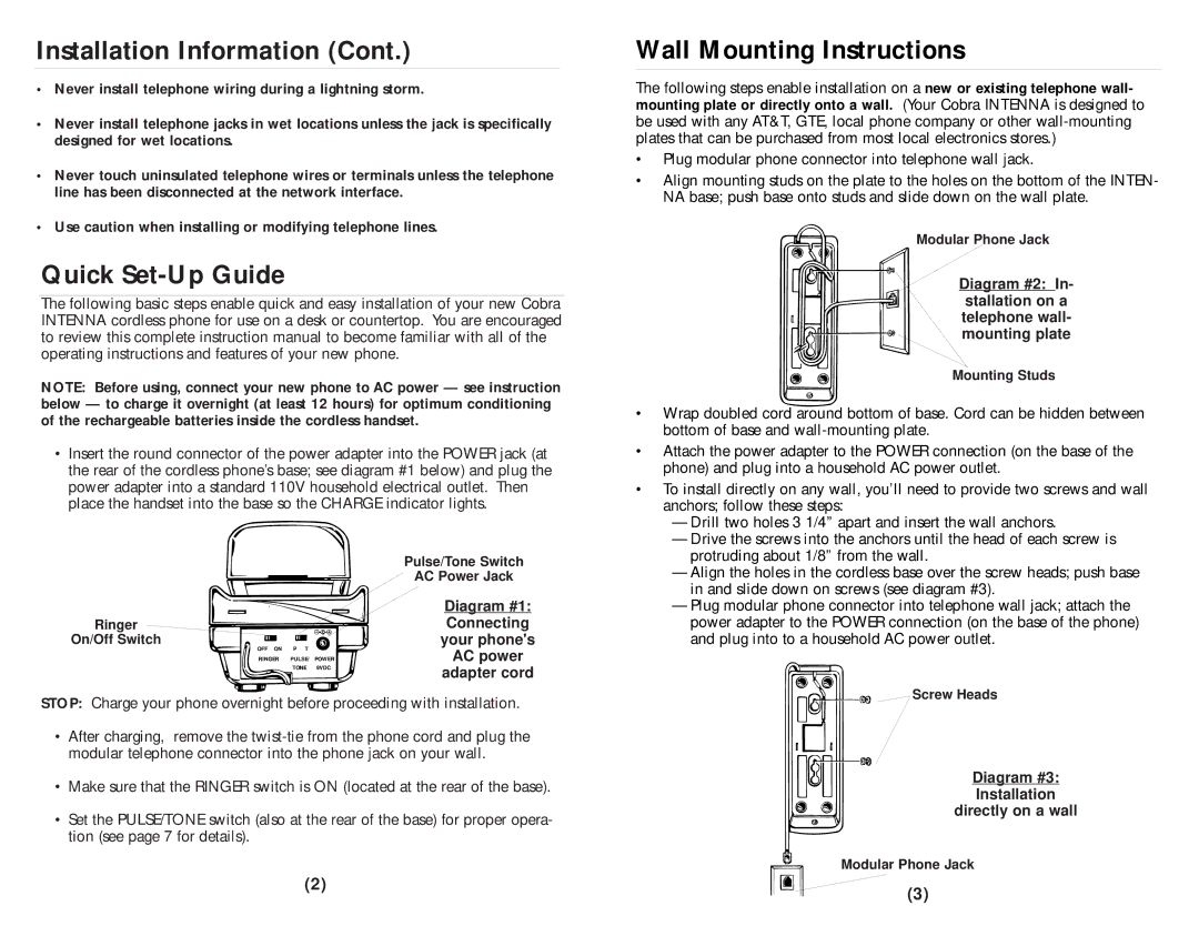 Cobra Electronics CP-705 operating instructions Quick Set-Up Guide, Wall Mounting Instructions 