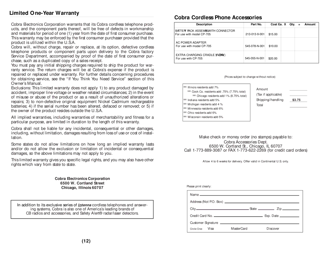 Cobra Electronics CP-705 operating instructions Limited One-Year Warranty 