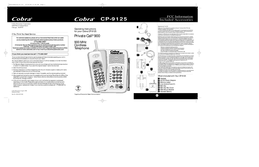 Cobra Electronics CP-9125 operating instructions FCC Information Included Accessories, If You Think You Need Service 