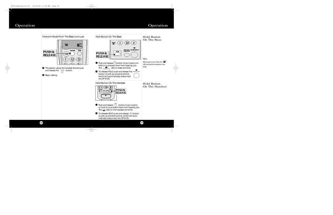 Cobra Electronics CP-9125 Hold Button On The Base, Hold Button On The Handset, Intercom Mode From The Base 