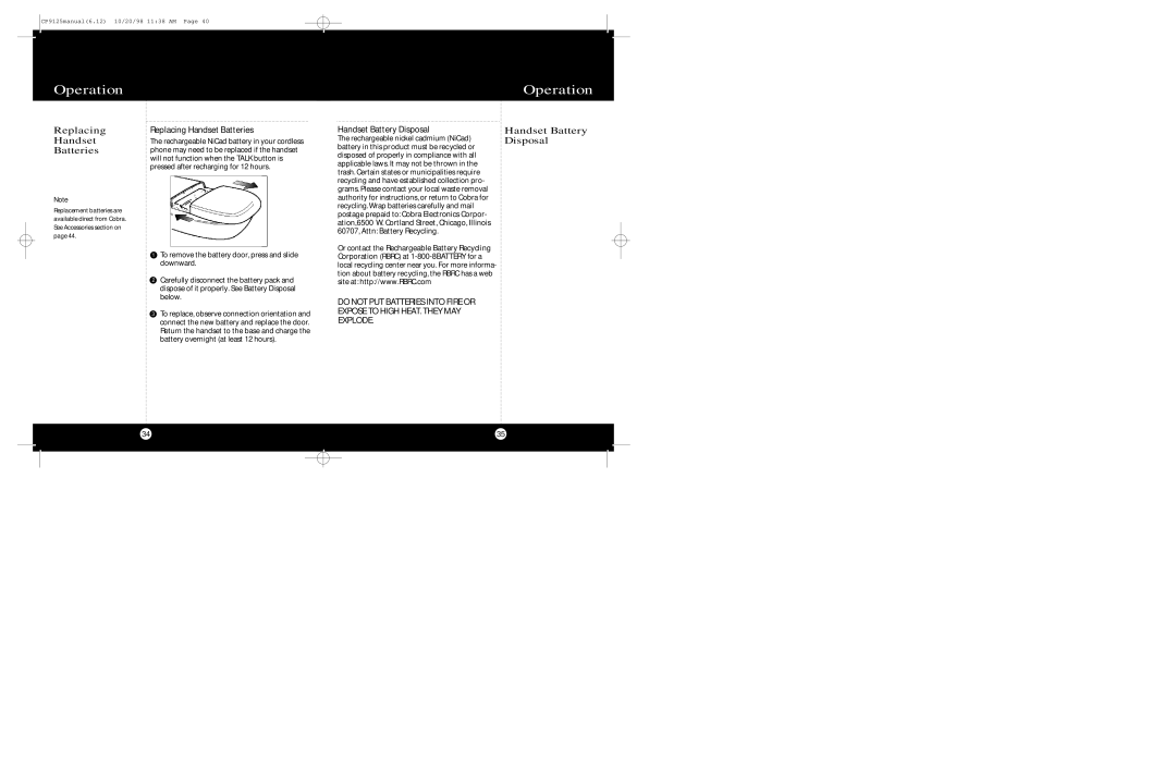 Cobra Electronics CP-9125 operating instructions Replacing Handset Batteries, Handset Battery Disposal 