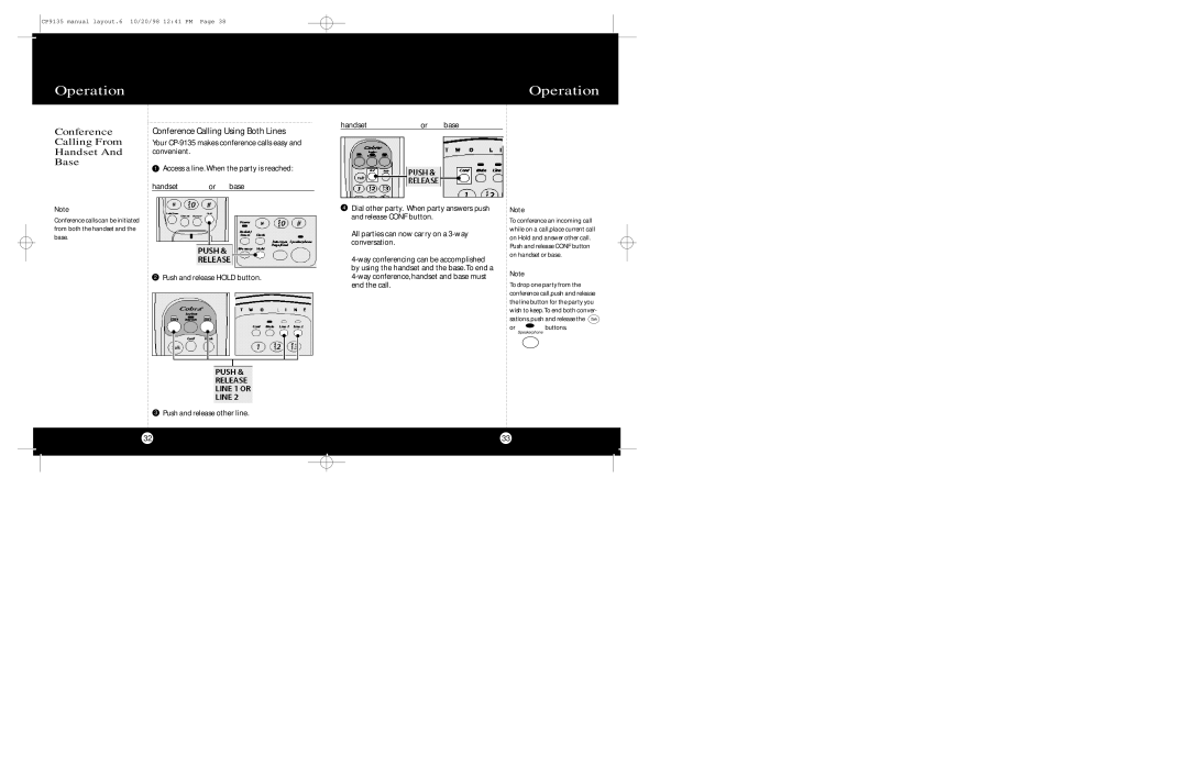 Cobra Electronics CP-9135 operating instructions Conference Calling From Handset Base, Conference Calling Using Both Lines 