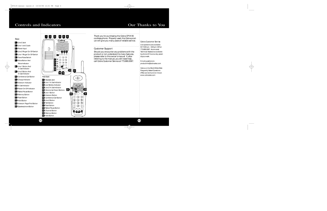 Cobra Electronics CP-9135 operating instructions Controls and Indicators Our Thanks to You, Customer Support, 22 23 