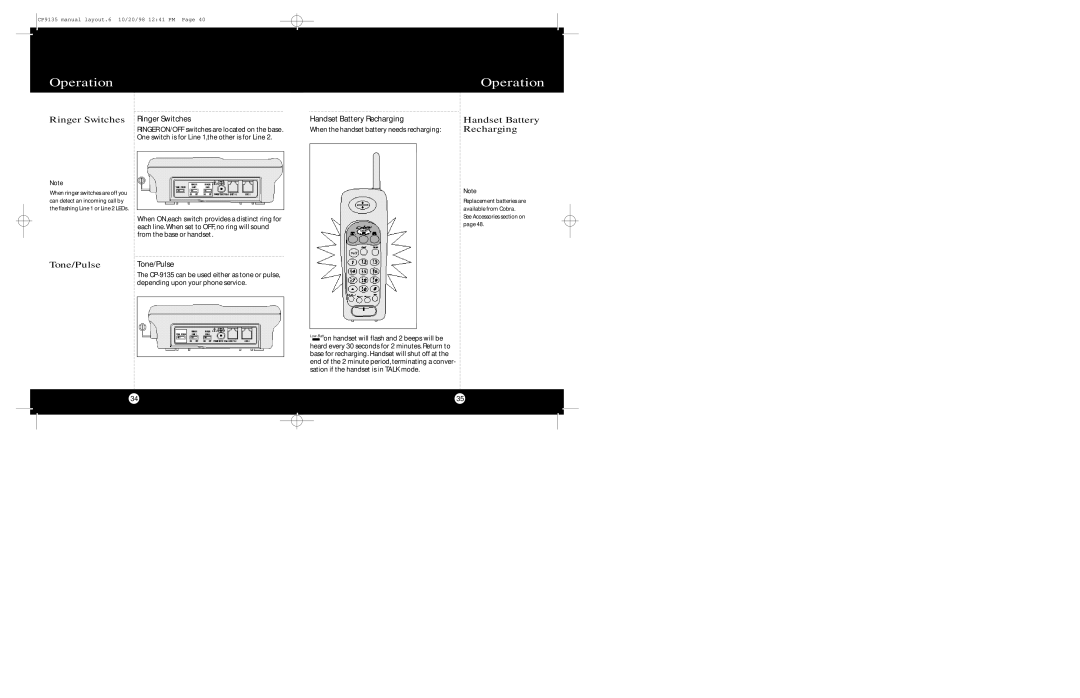 Cobra Electronics CP-9135 operating instructions Ringer Switches, Handset Battery Recharging, Tone/Pulse Tone/Pulse 
