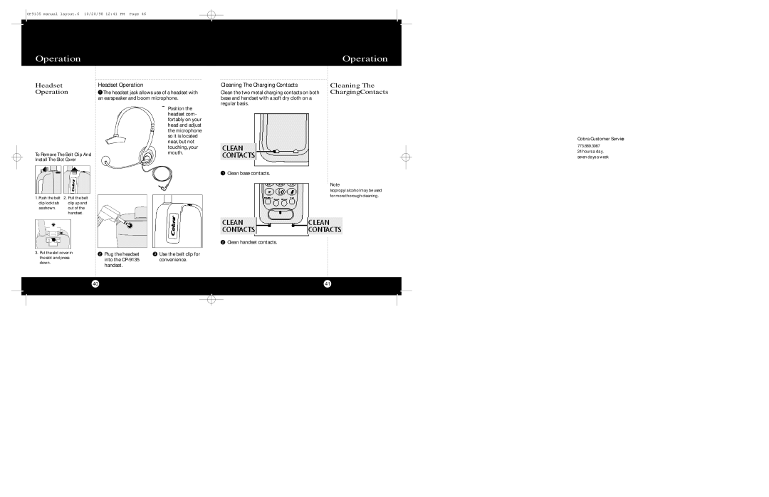 Cobra Electronics CP-9135 SprOperationadLeft Spread RightOperationPage, Headset Operation, Cleaning, ChargingContacts 