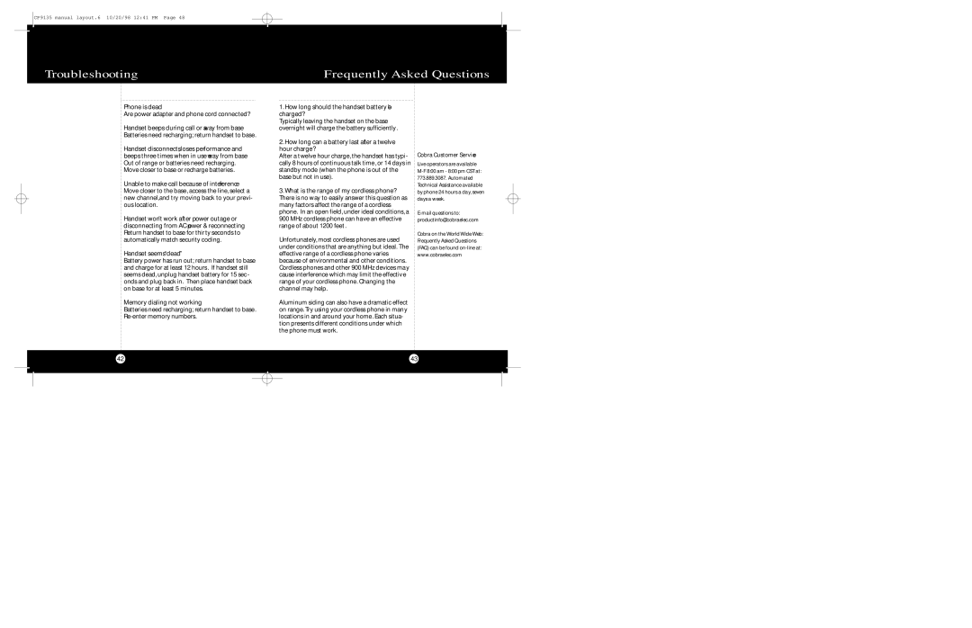 Cobra Electronics CP-9135 operating instructions Troubleshooting Frequently Asked Questions, Handset seemsdead 