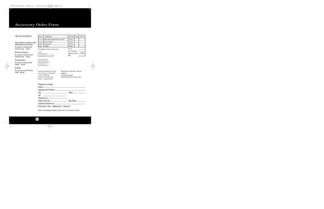 Cobra Electronics CP-9135 operating instructions Accessory Order Form, Accessories 