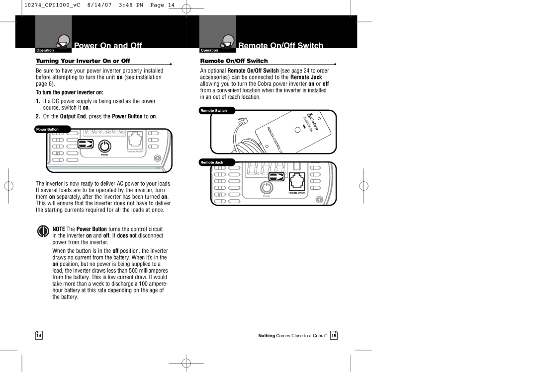 Cobra Electronics CPI 1000 warranty Power On and Off, Remote On/Off Switch 
